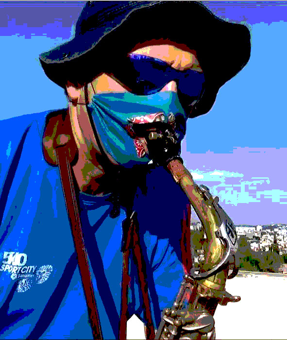 Saxophone player with mask